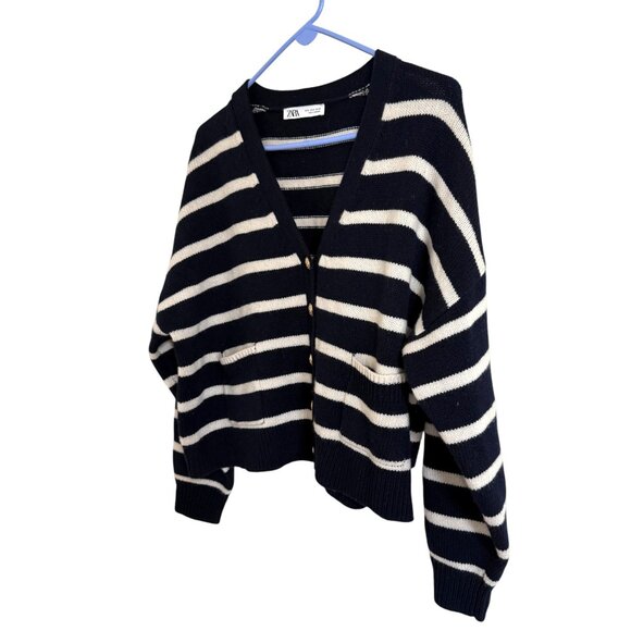 NWOT Zara Navy Striped 100% Wool Knit Cardigan with Nautical Buttons Details - Picture 6 of 10